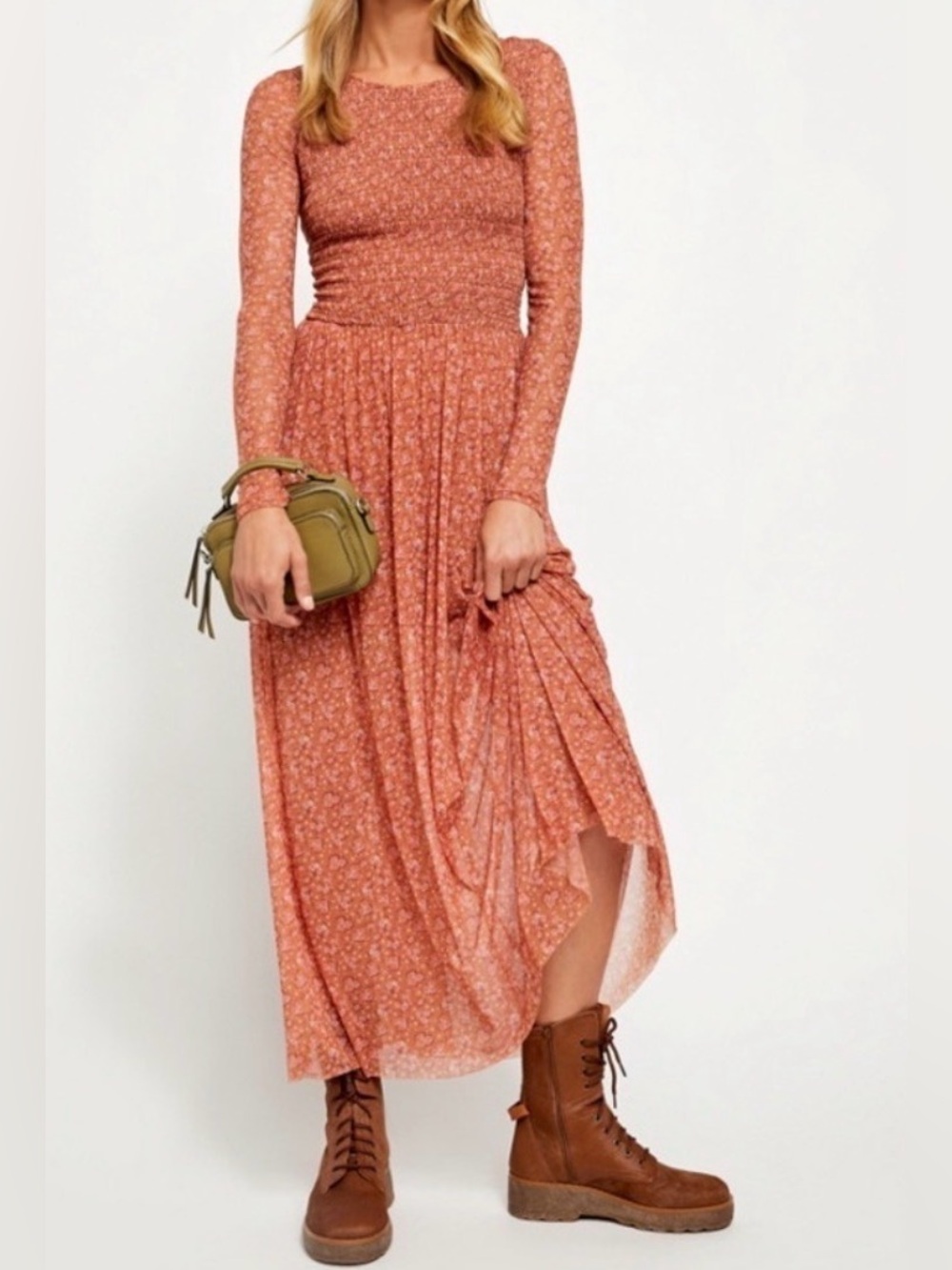 Free People Hello and Goodbye Midi Dress Ditzy Floral Stretch XS Long Sleeve